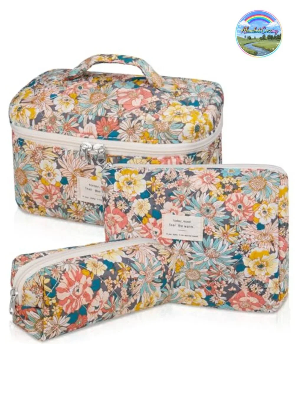 Quilted Cotton Makeup Bag Set, 3 Sizes Floral Travel Toiletry Organizer, Cute